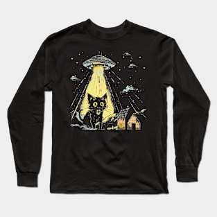 Shocked Cat and UFO Invasion Long Sleeve T-Shirt